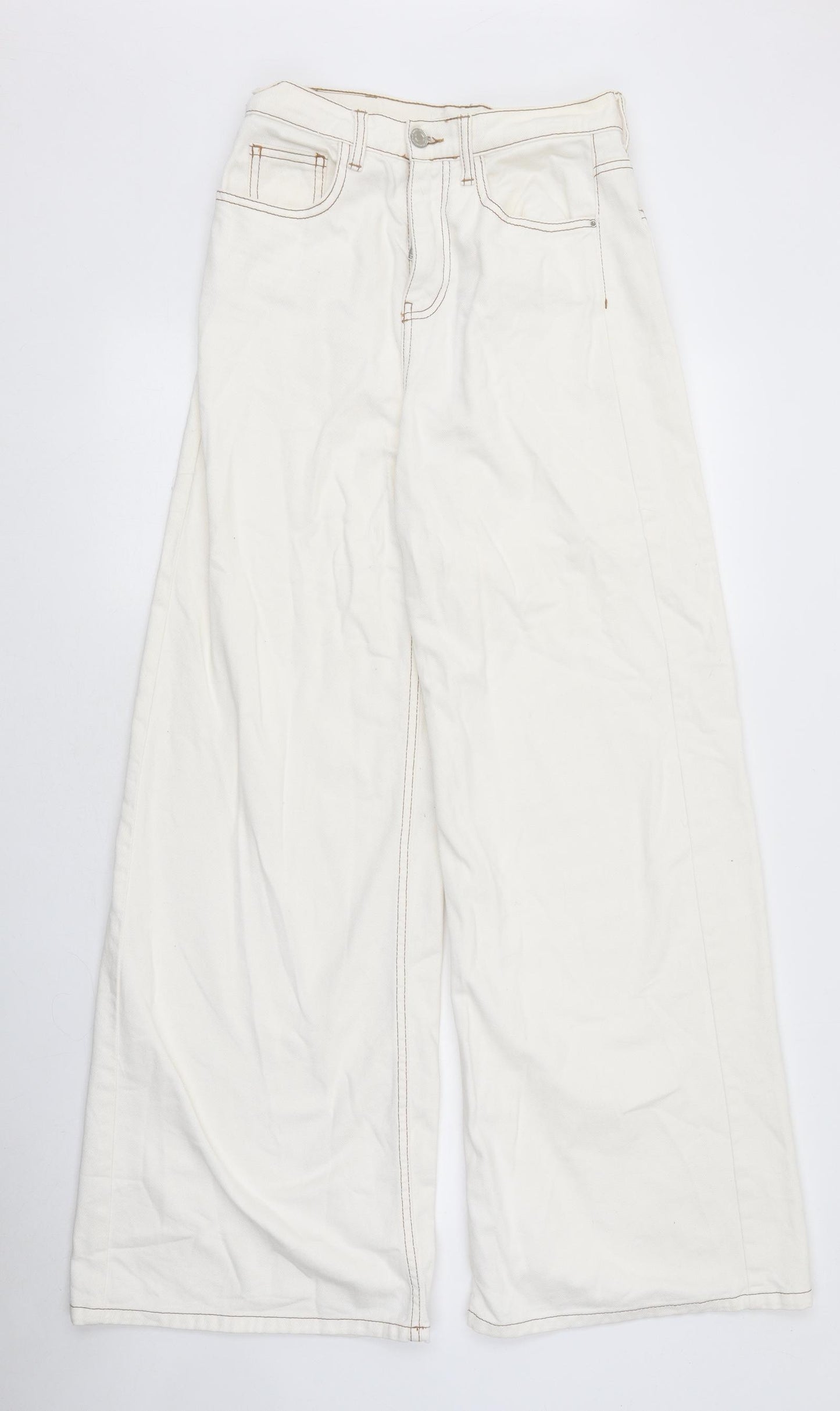 Stradivarius Womens White 100% Cotton Wide-Leg Jeans Size 10 L34 in Regular Zip