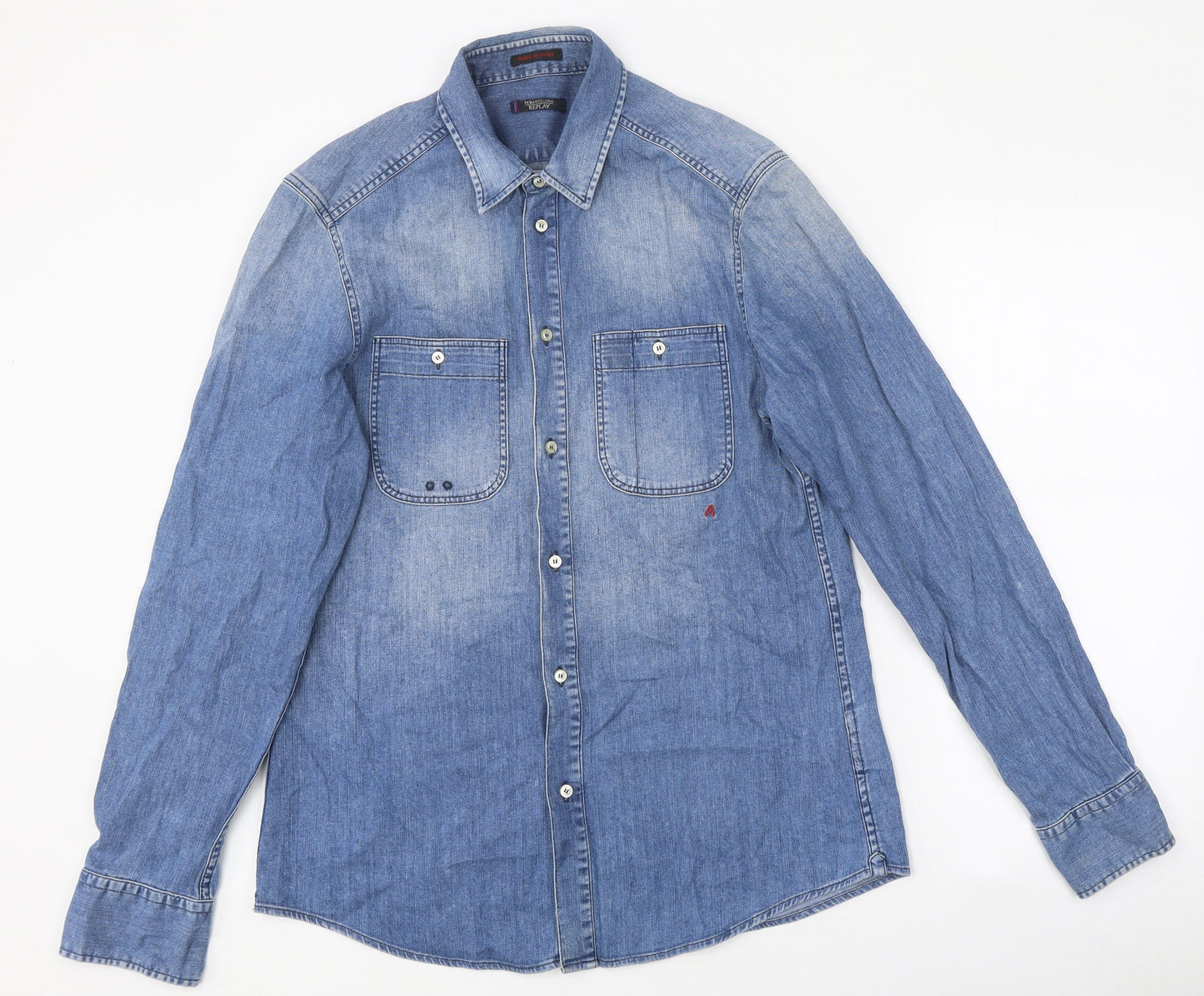 Replay Mens Blue Cotton Button-Up Size M Collared Button