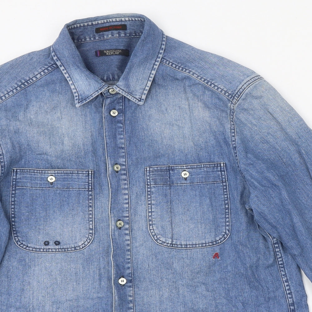 Replay Mens Blue Cotton Button-Up Size M Collared Button