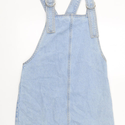 Topshop Womens Blue 100% Cotton Pinafore/Dungaree Dress Size 6 Square Neck Hook & Loop