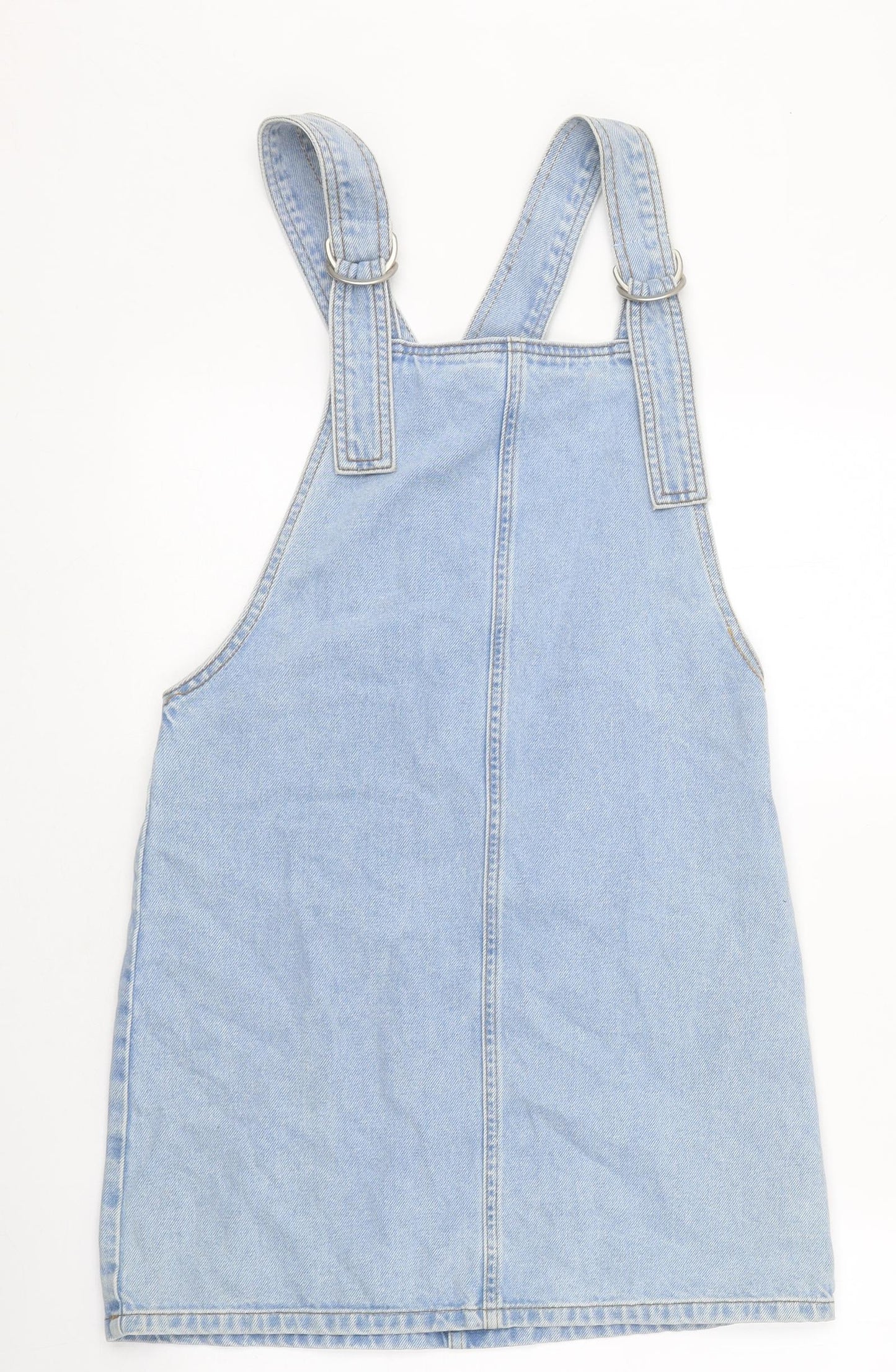 Topshop Womens Blue 100% Cotton Pinafore/Dungaree Dress Size 6 Square Neck Hook & Loop