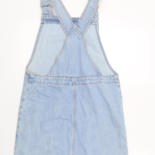 Topshop Womens Blue 100% Cotton Pinafore/Dungaree Dress Size 6 Square Neck Hook & Loop