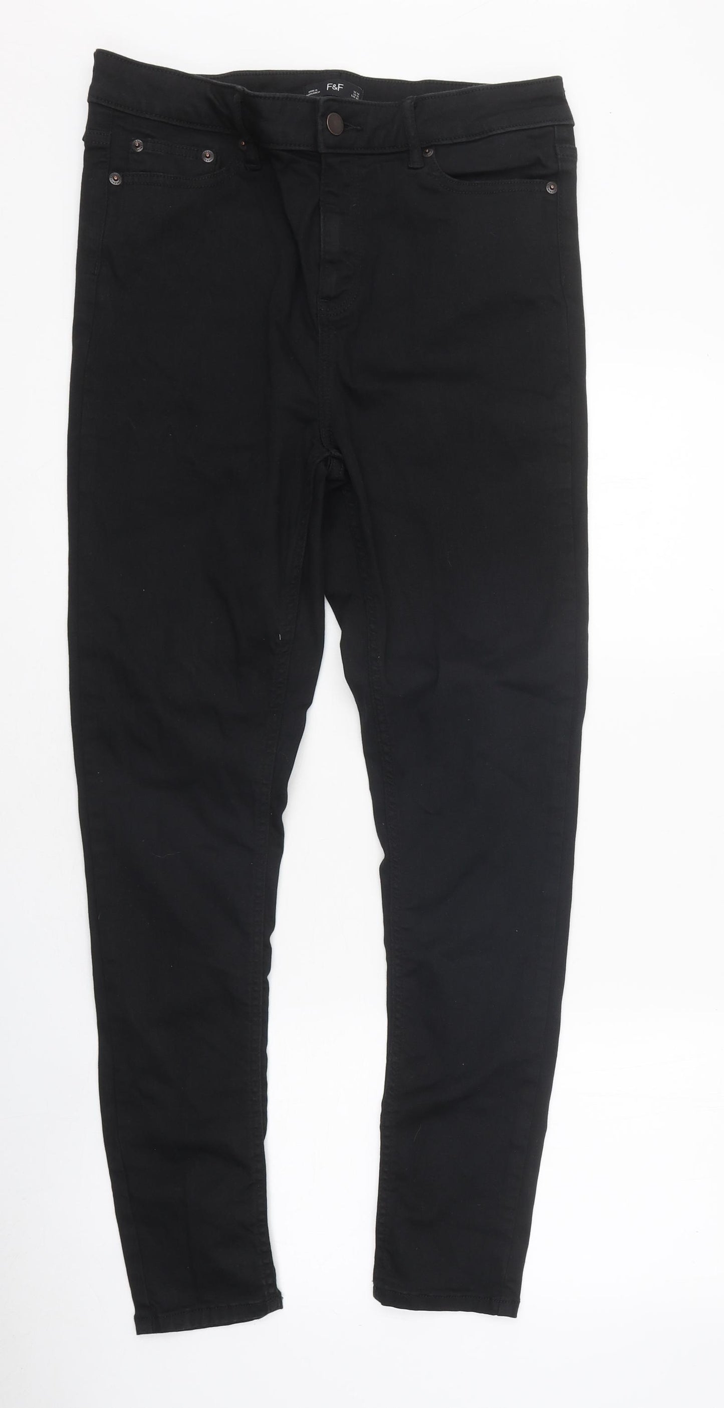 F&F Womens Black 100% Cotton Skinny Jeans Size 14 L32 in Regular Zip