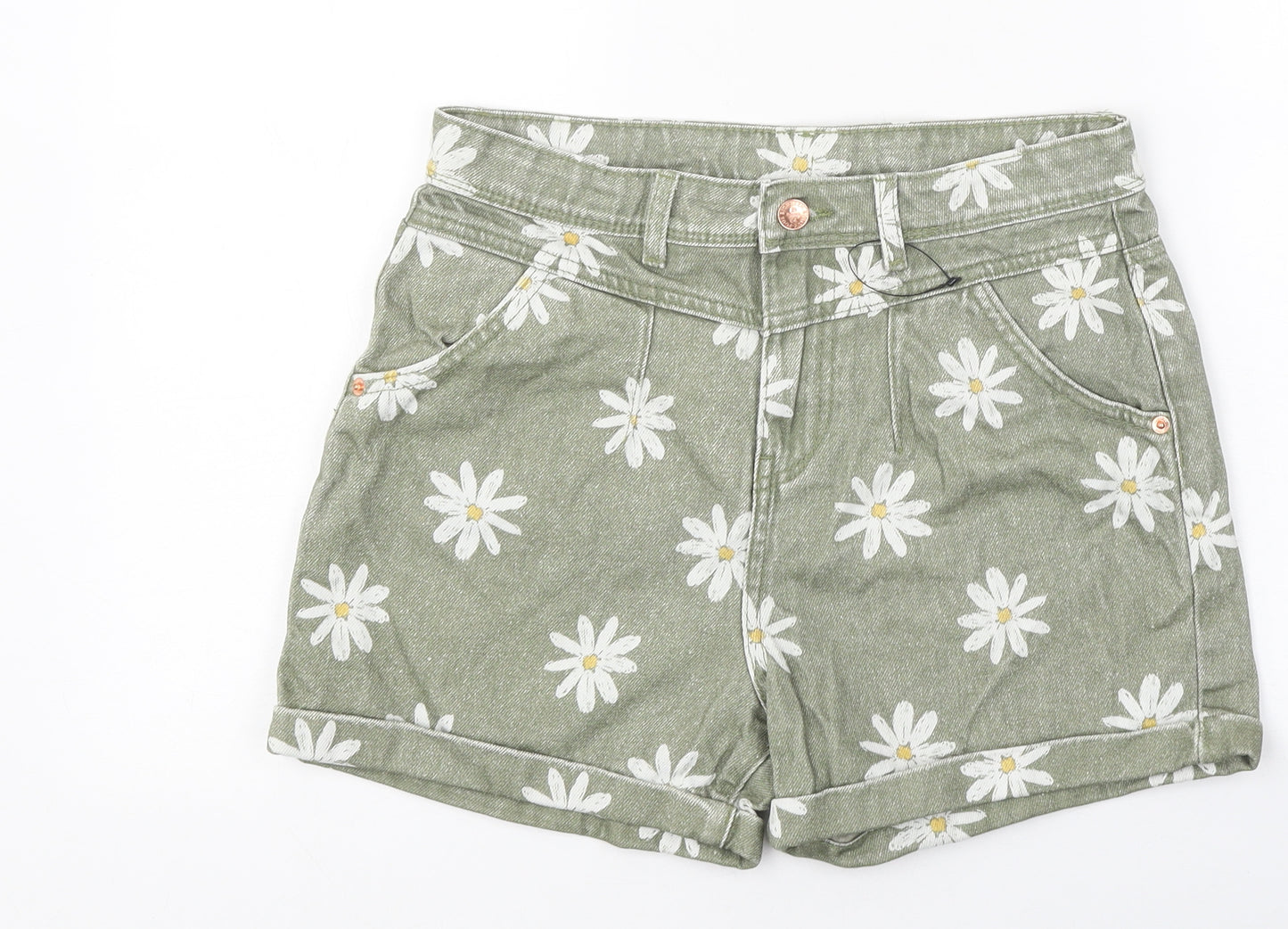 Marks and Spencer Girls Green Floral Cotton Mom Shorts Size 12-13 Years Regular Zip - Daisies