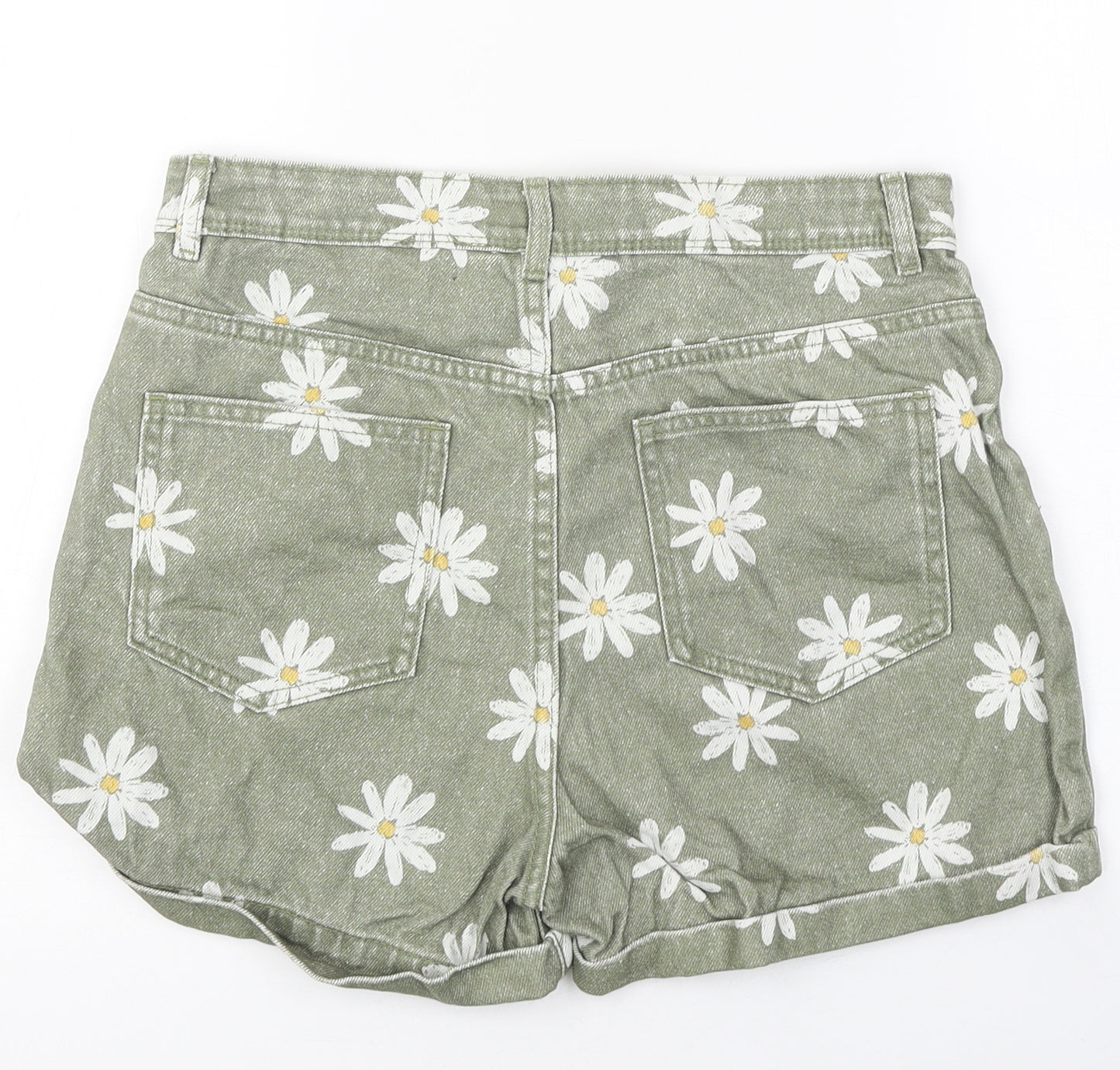 Marks and Spencer Girls Green Floral Cotton Mom Shorts Size 12-13 Years Regular Zip - Daisies