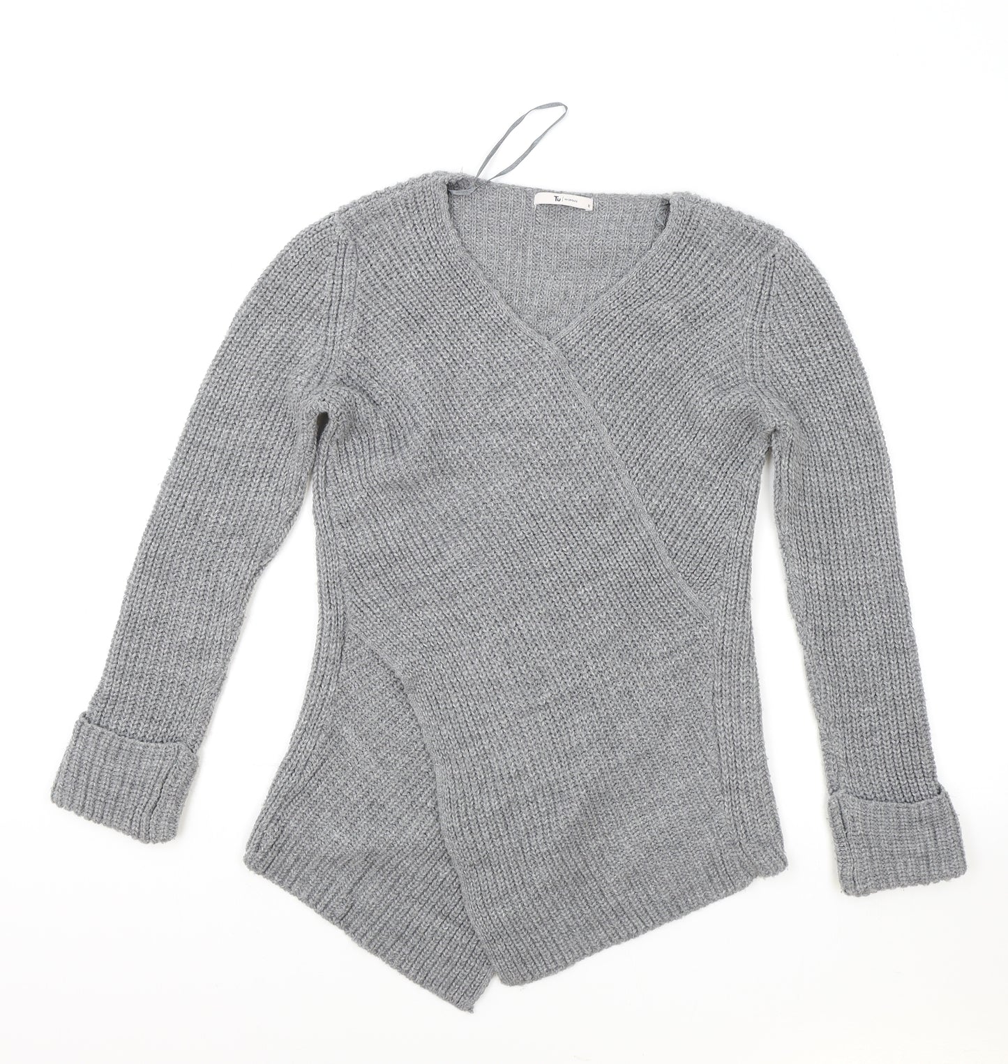 TU Womens Grey V-Neck Acrylic Pullover Jumper Size 12