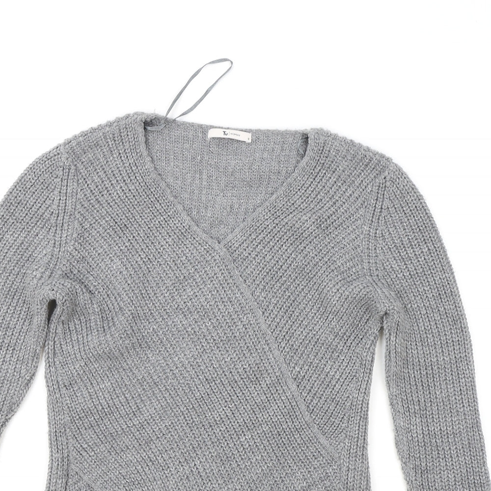 TU Womens Grey V-Neck Acrylic Pullover Jumper Size 12