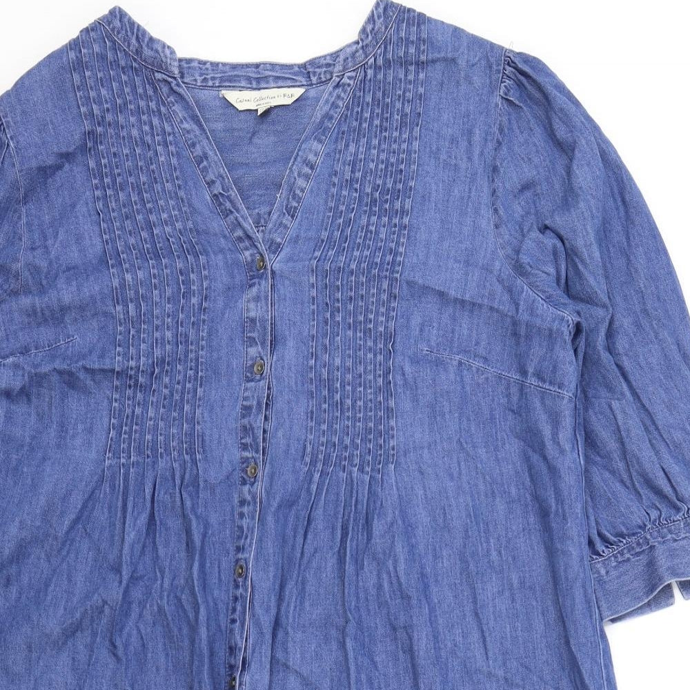 F&F Womens Blue Cotton Shift Size 18 V-Neck Button