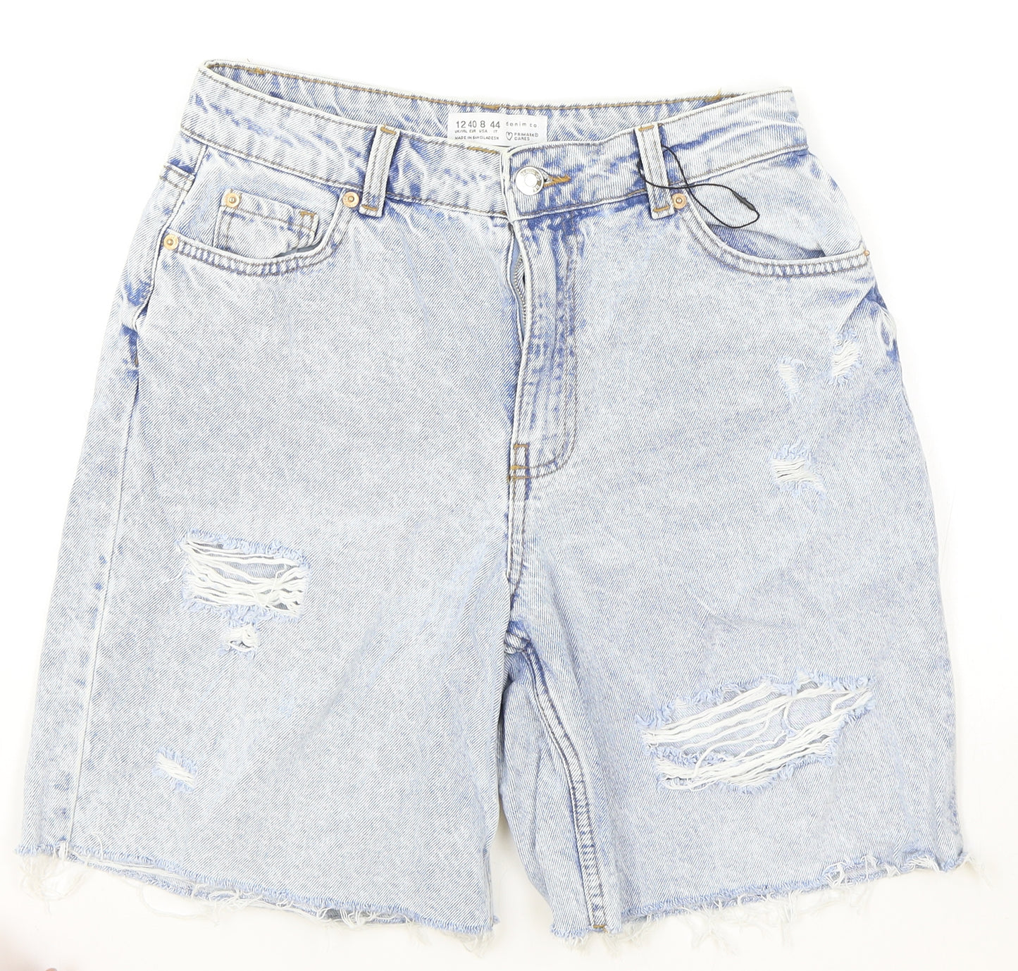 Primark Womens Blue Cotton Bermuda Shorts Size 12 Regular Zip - Distressed