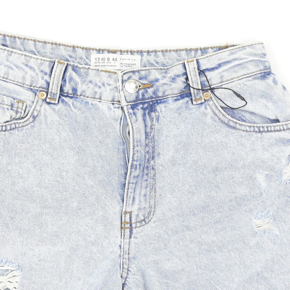 Primark Womens Blue Cotton Bermuda Shorts Size 12 Regular Zip - Distressed