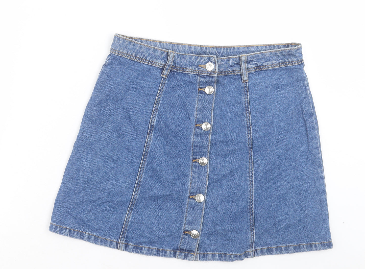 H&M Womens Blue Cotton A-Line Skirt Size 12 Button