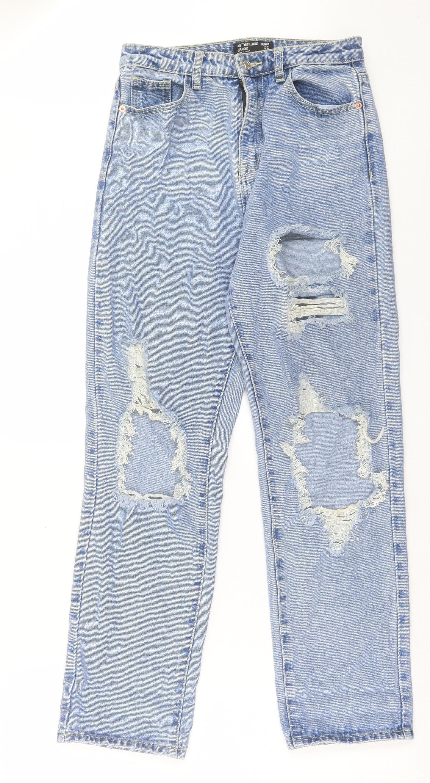 PRETTYLITTLETHING Womens Blue Cotton Straight Jeans Size 8 L29 in Regular Button