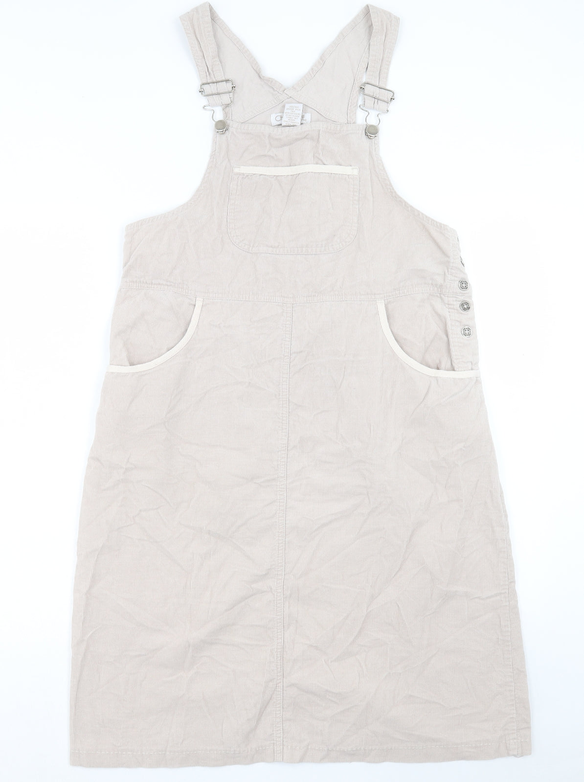 Cherokee Womens Beige Cotton Pinafore/Dungaree Dress Size M Square Neck Button