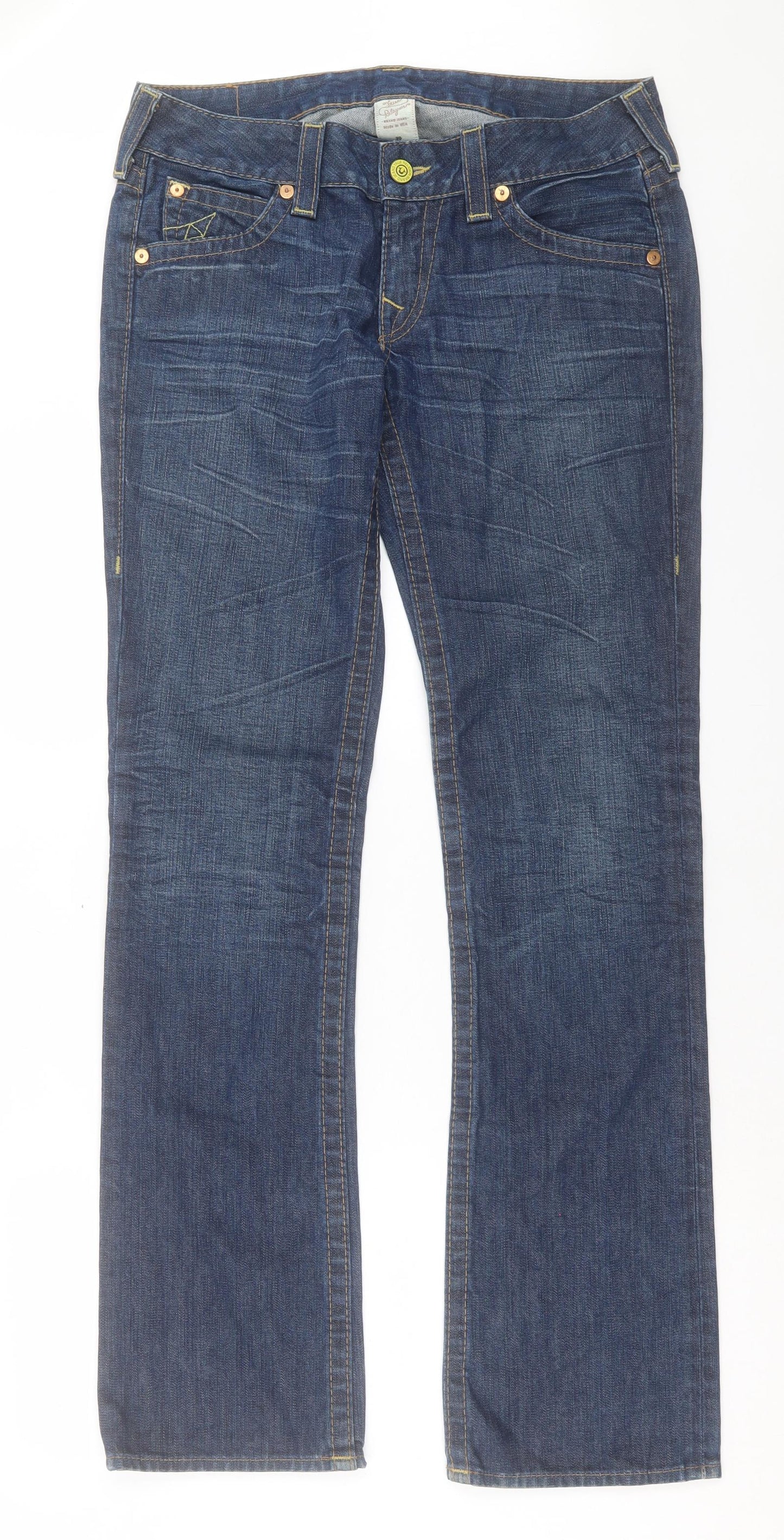 True Religion Mens Blue Cotton Straight Jeans Size 34 L34 in Regular Button - Long Leg