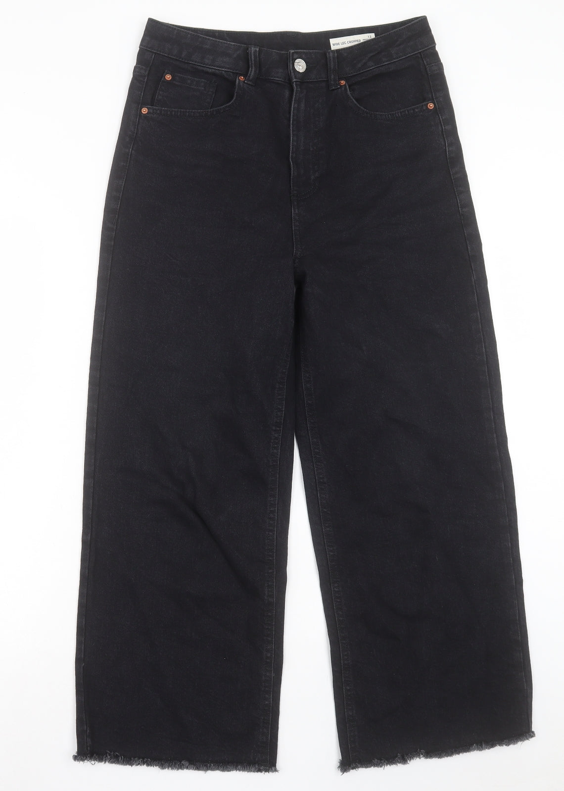 Marks and Spencer Womens Black Cotton Wide-Leg Jeans Size 12 L26 in Regular Button