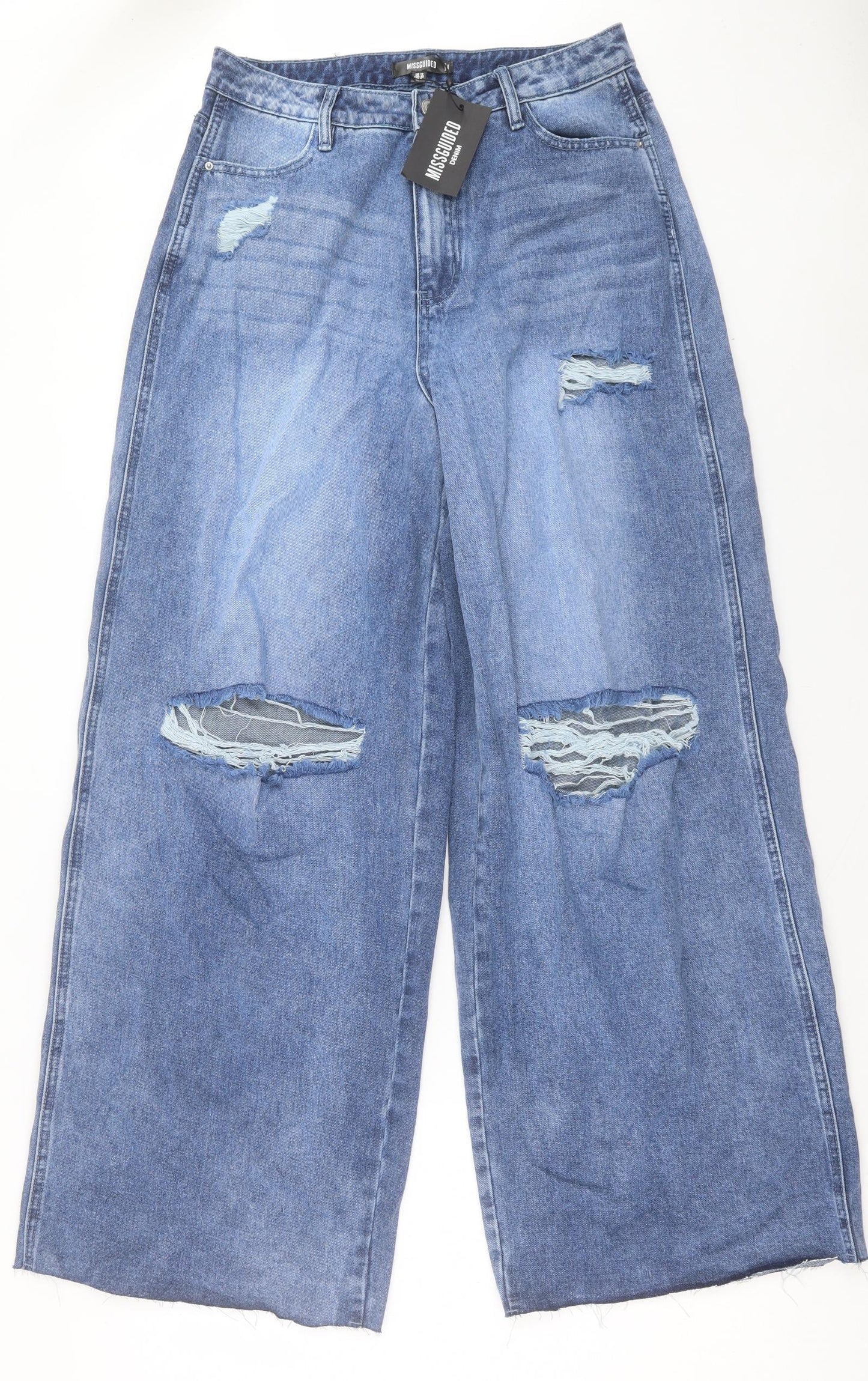 Missguided Womens Blue Cotton Wide-Leg Jeans Size 12 L32 in Relaxed Button