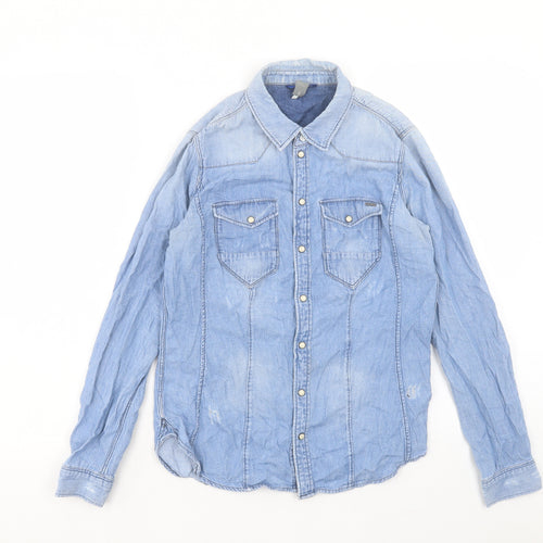 RAW Womens Blue Cotton Basic Button-Up Size S Collared - Distressed