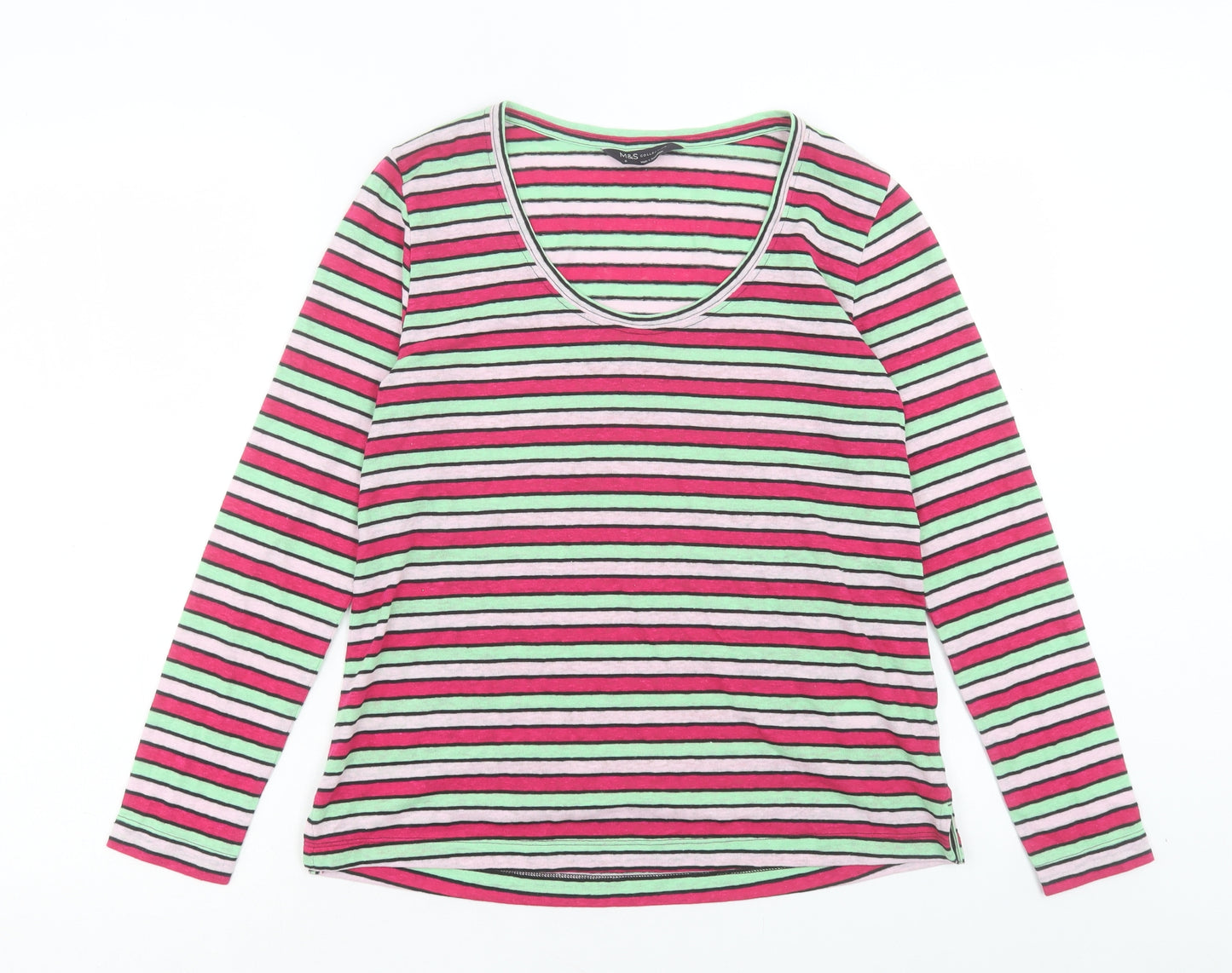 Marks and Spencer Womens Pink Striped Linen Basic T-Shirt Size 6 Scoop Neck