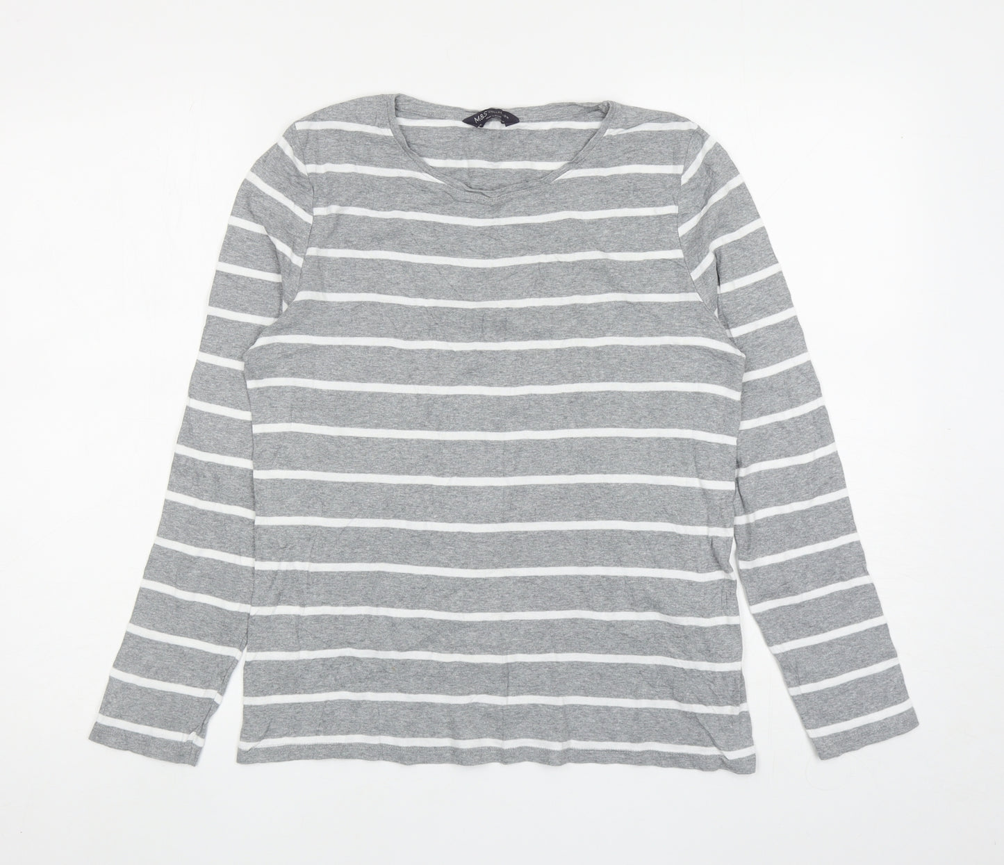 Marks and Spencer Womens Grey Striped Cotton Basic T-Shirt Size 14 Boat Neck