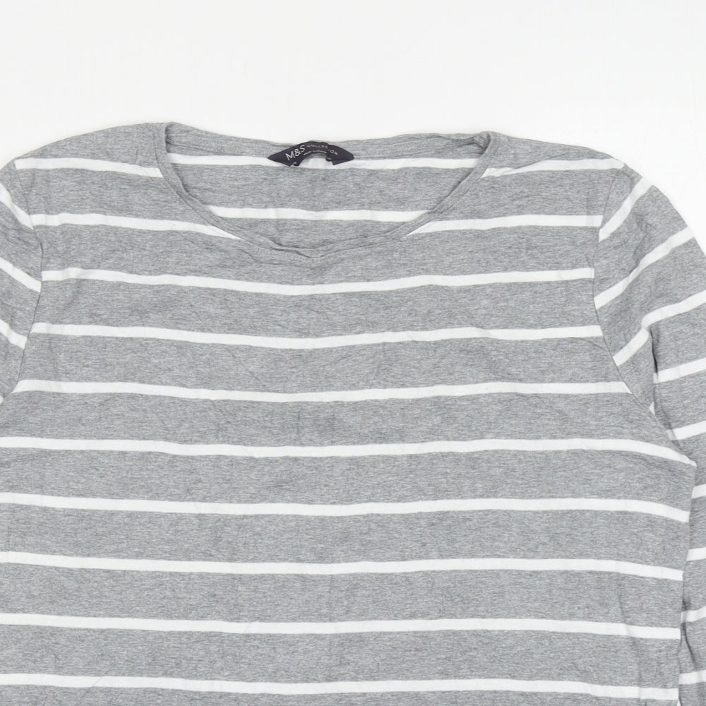 Marks and Spencer Womens Grey Striped Cotton Basic T-Shirt Size 14 Boat Neck