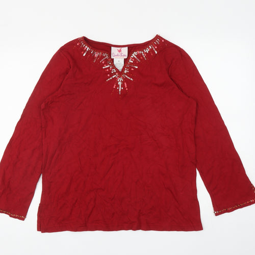 Quacker Factory Womens Red Cotton Jersey T-Shirt Size M V-Neck - Embellished Neckline