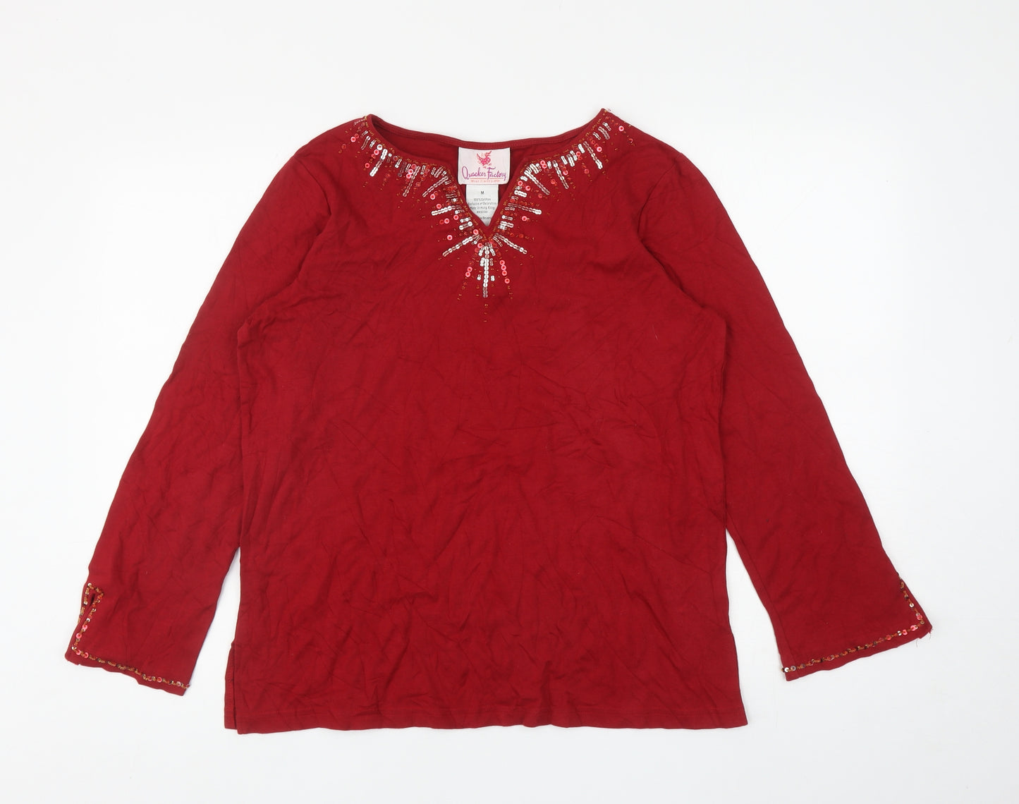 Quacker Factory Womens Red Cotton Jersey T-Shirt Size M V-Neck - Embellished Neckline