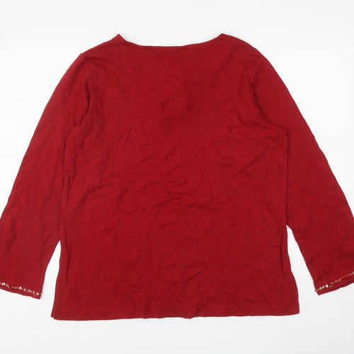 Quacker Factory Womens Red Cotton Jersey T-Shirt Size M V-Neck - Embellished Neckline
