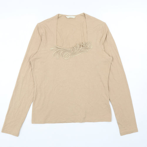 Marks and Spencer Womens Beige Viscose Jersey T-Shirt Size 12 Square Neck - Flowers