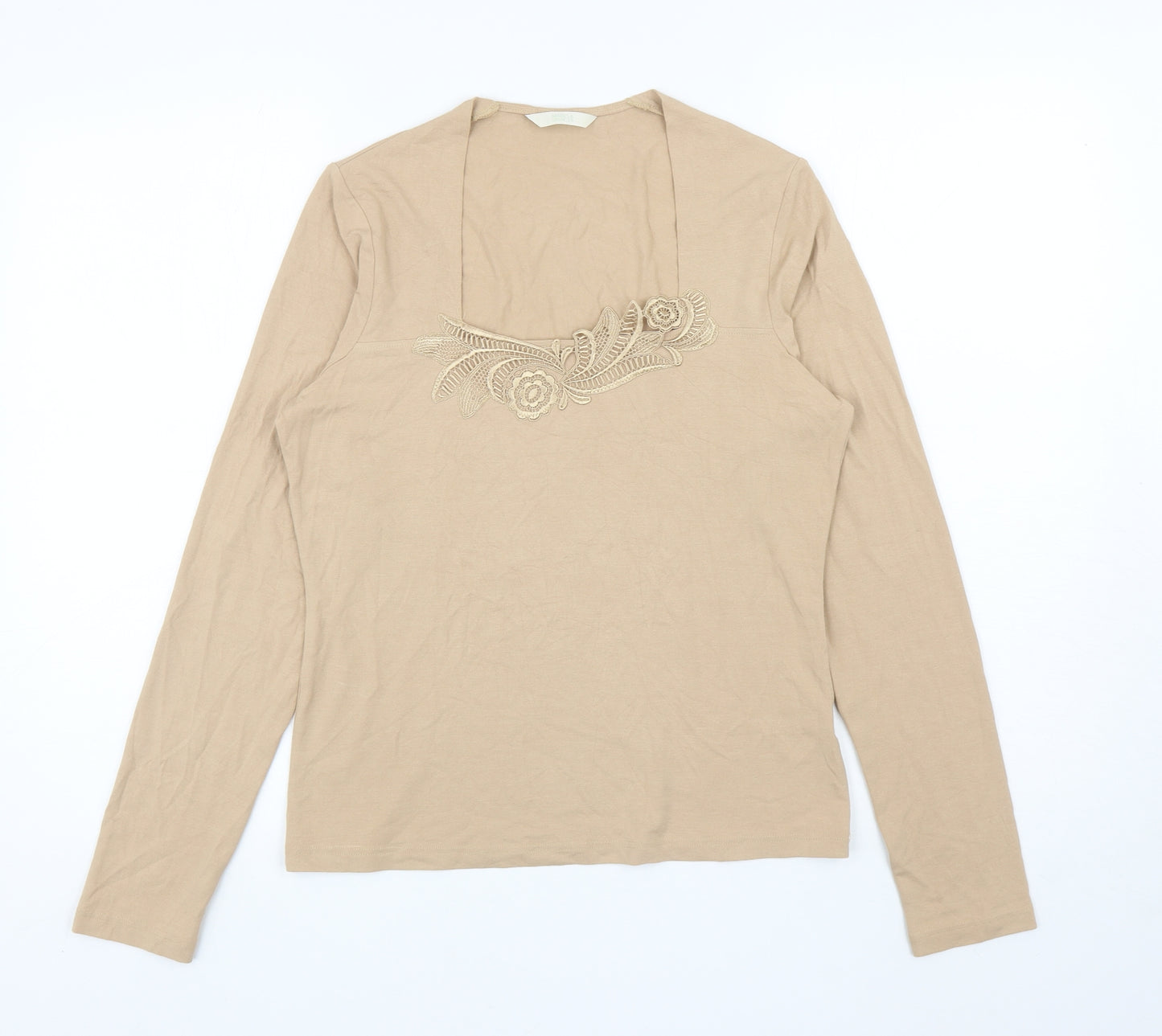 Marks and Spencer Womens Beige Viscose Jersey T-Shirt Size 12 Square Neck - Flowers
