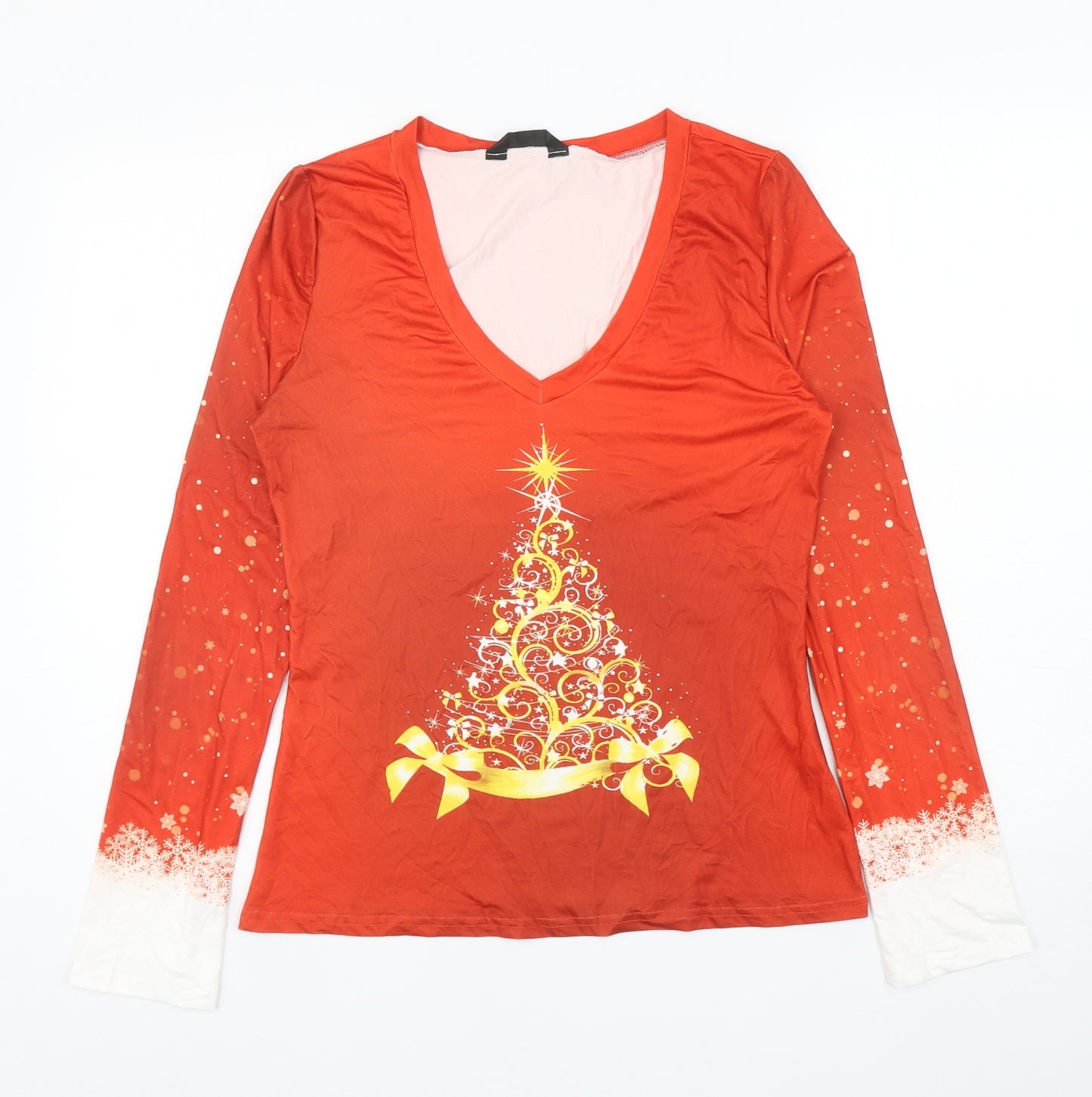 Chicme Womens Red Polyester Basic T-Shirt Size XL V-Neck - Christmas Tree