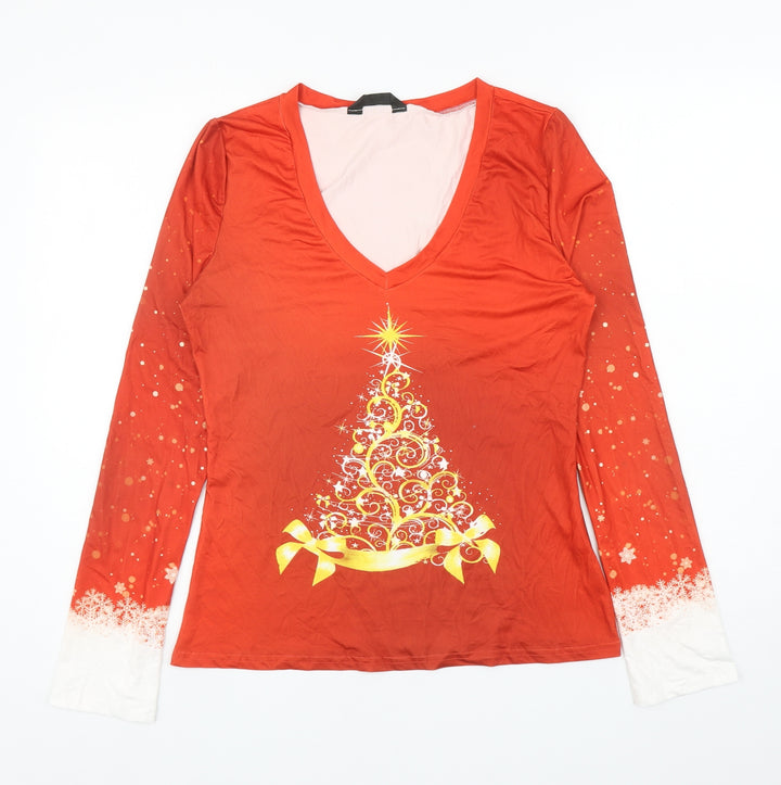 Chicme Womens Red Polyester Basic T-Shirt Size XL V-Neck - Christmas Tree