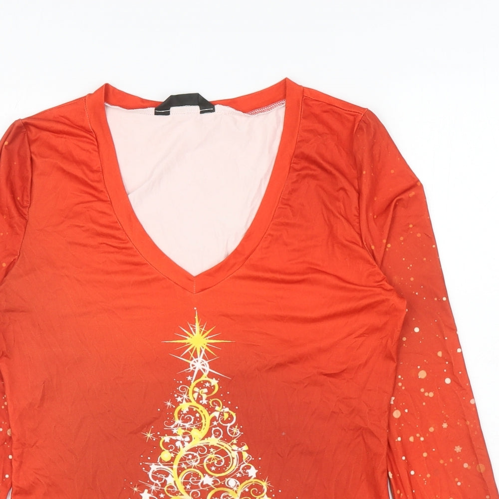 Chicme Womens Red Polyester Basic T-Shirt Size XL V-Neck - Christmas Tree