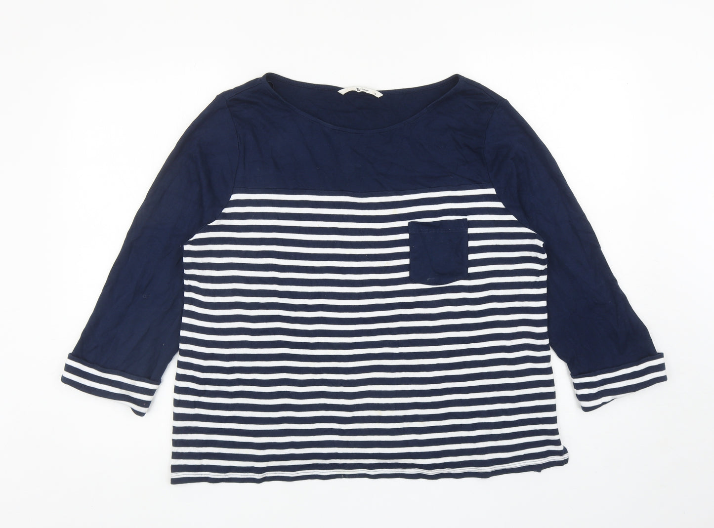 TU Womens Blue Striped Cotton Basic T-Shirt Size 16 Boat Neck