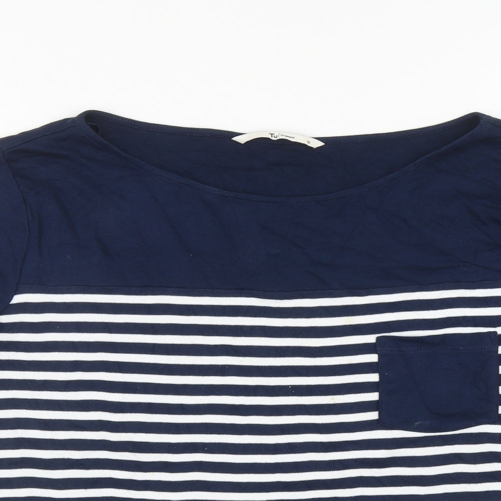 TU Womens Blue Striped Cotton Basic T-Shirt Size 16 Boat Neck