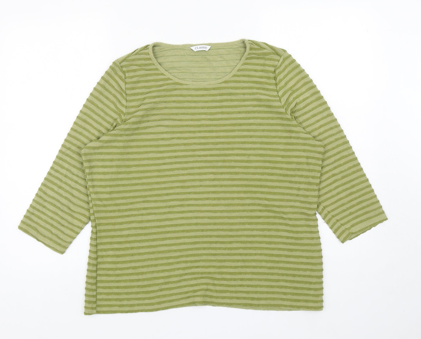 Marks and Spencer Womens Green Striped Polyester Jersey T-Shirt Size 18 Scoop Neck - Textured