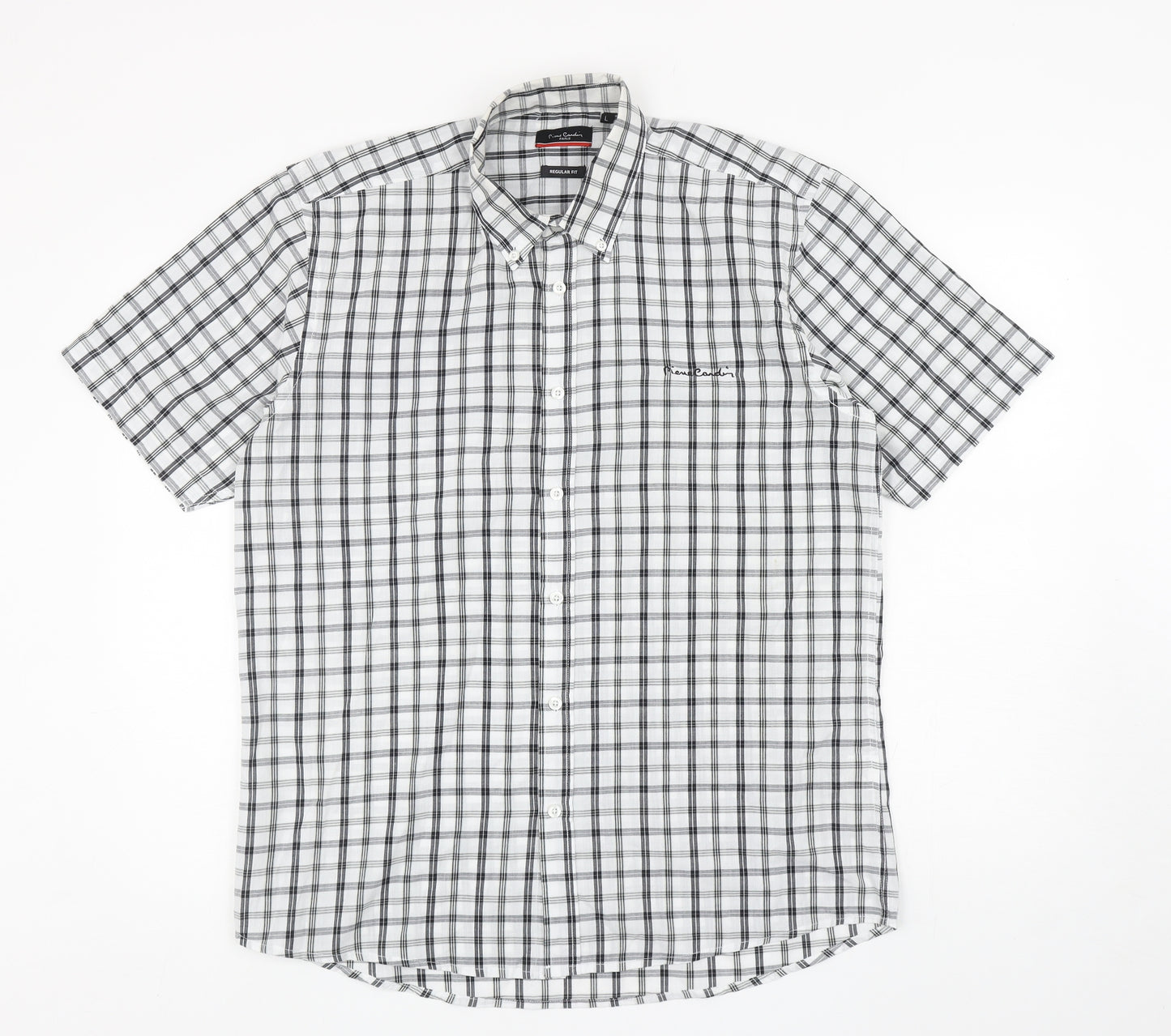 Pierre Cardin Mens White Plaid Cotton Button-Up Size L Collared Button