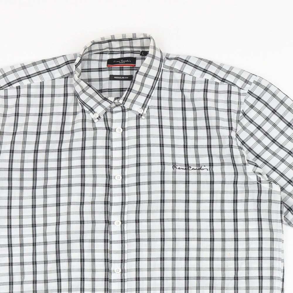 Pierre Cardin Mens White Plaid Cotton Button-Up Size L Collared Button