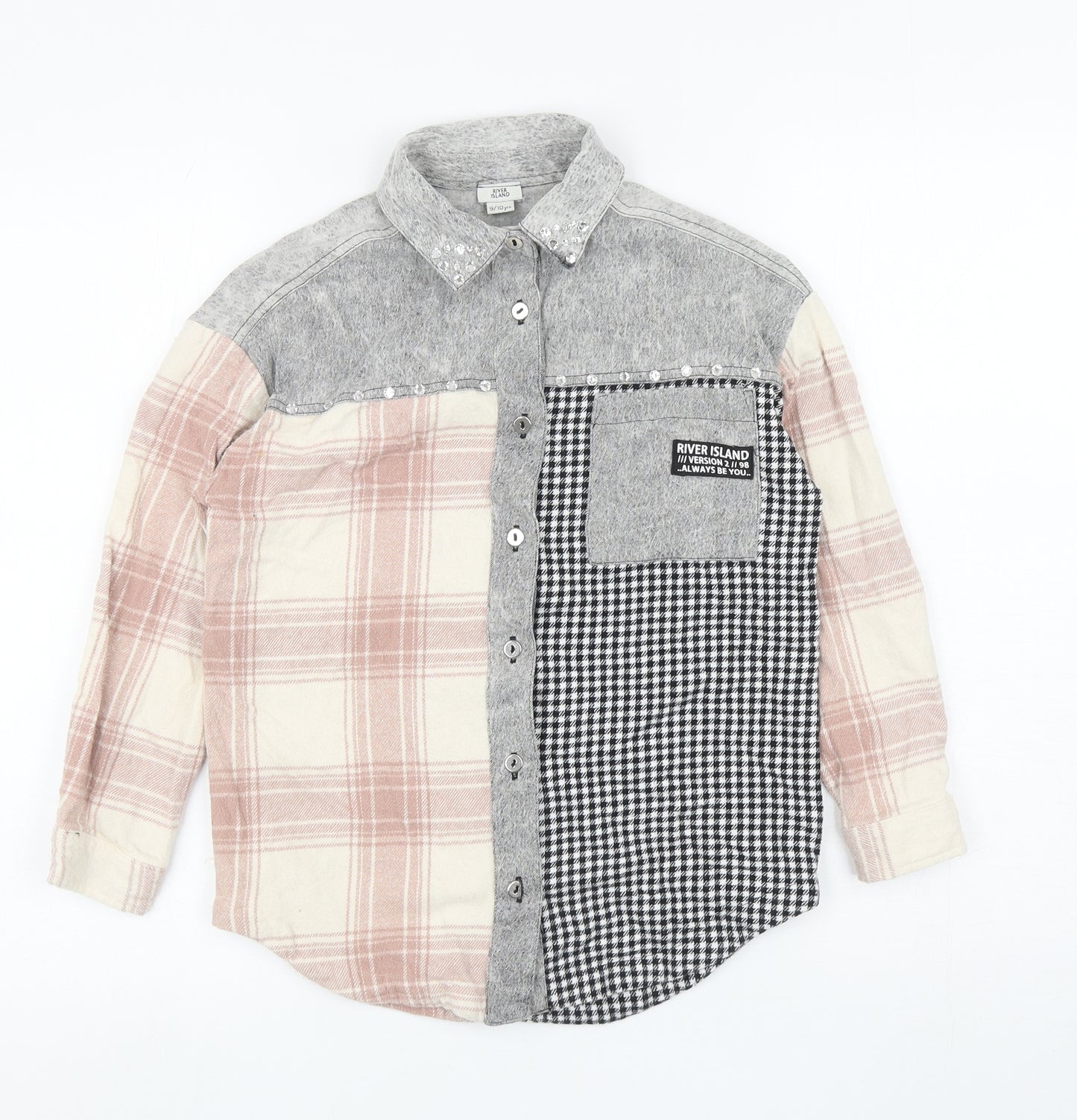 River Island Girls Multicoloured Plaid Cotton Basic Button-Up Size 9-10 Years Collared Button - Houndstooth