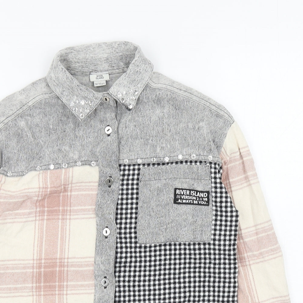 River Island Girls Multicoloured Plaid Cotton Basic Button-Up Size 9-10 Years Collared Button - Houndstooth