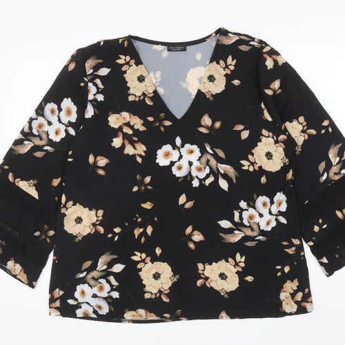 Luca Vanucci Womens Black Floral Polyester Basic Blouse Size L V-Neck