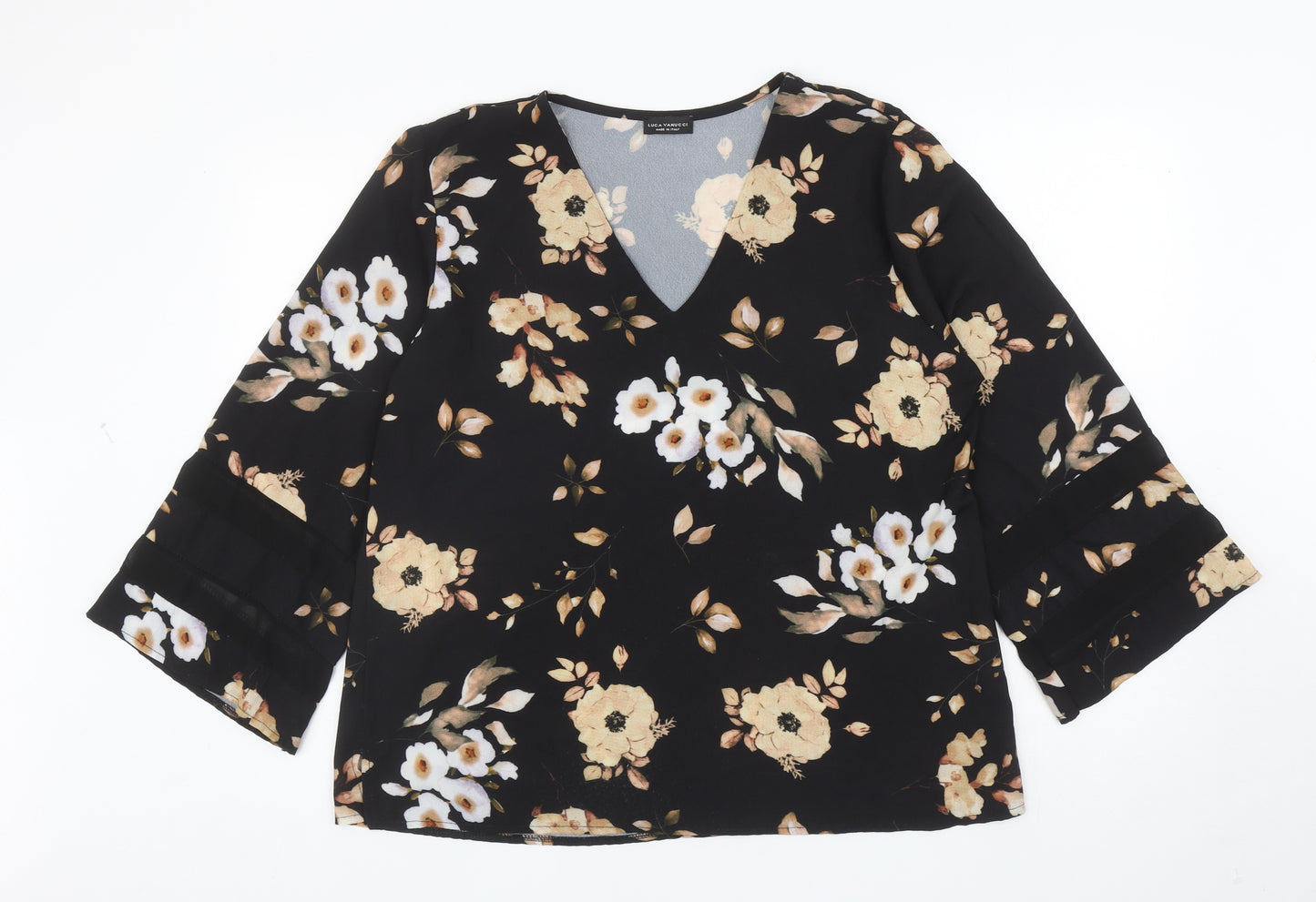 Luca Vanucci Womens Black Floral Polyester Basic Blouse Size L V-Neck