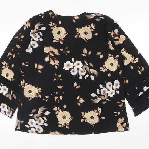 Luca Vanucci Womens Black Floral Polyester Basic Blouse Size L V-Neck