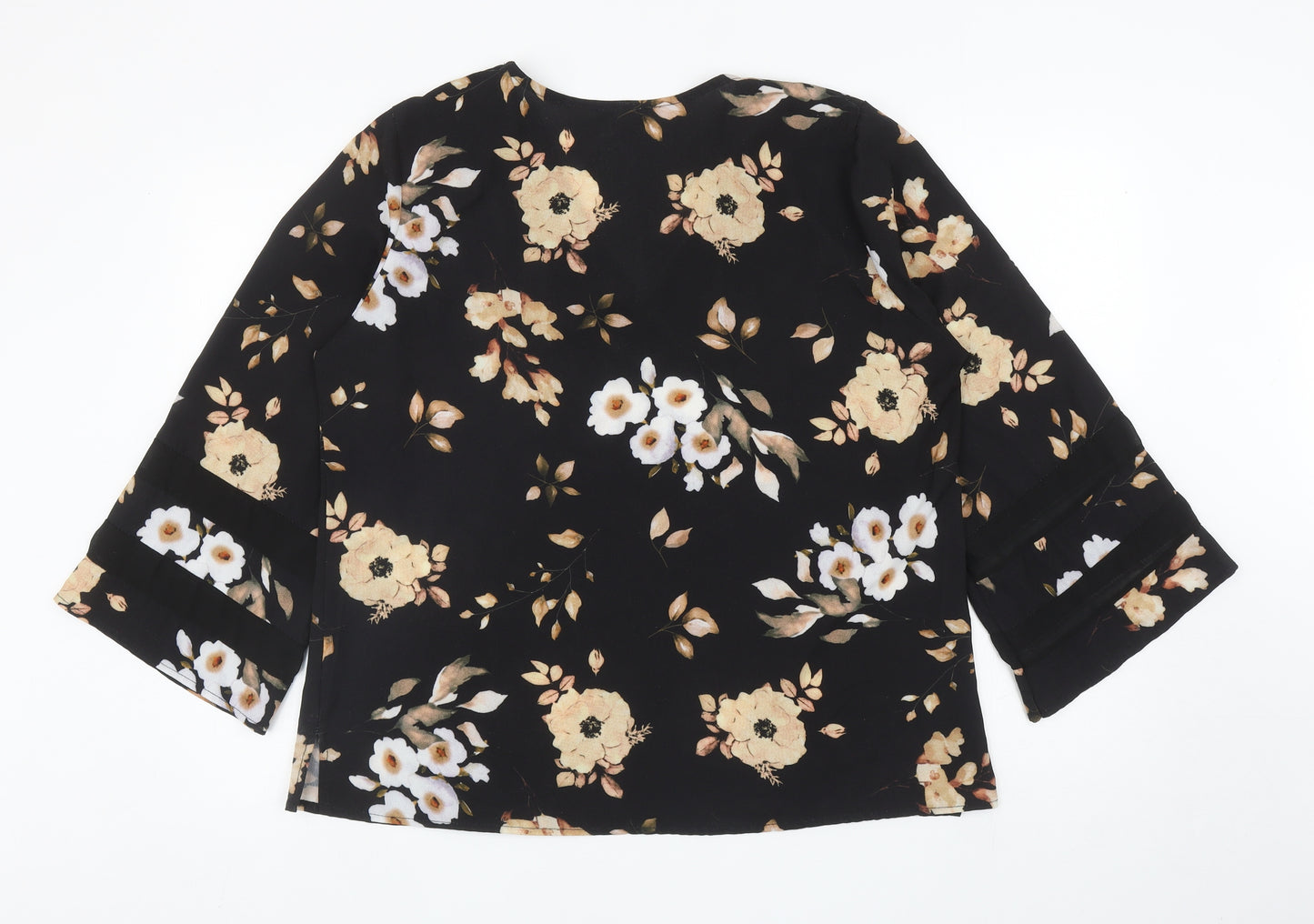 Luca Vanucci Womens Black Floral Polyester Basic Blouse Size L V-Neck