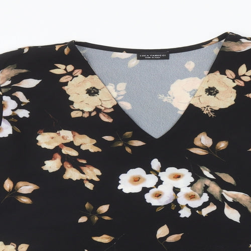 Luca Vanucci Womens Black Floral Polyester Basic Blouse Size L V-Neck