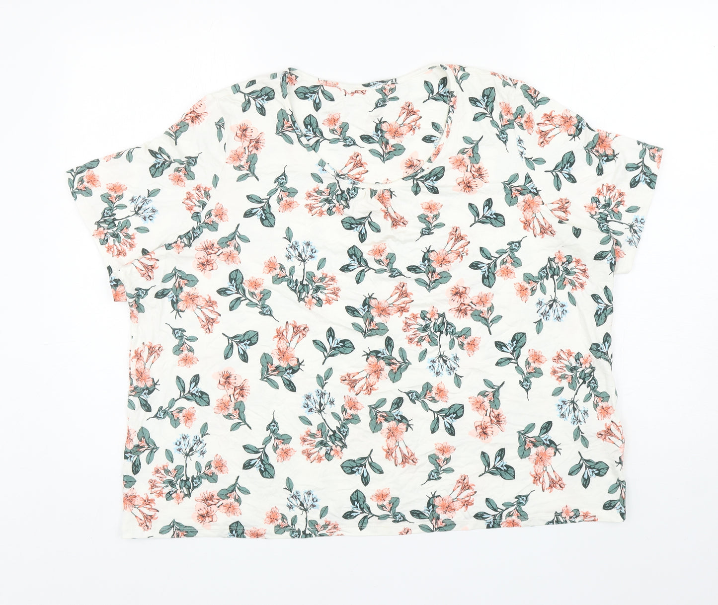 Marks and Spencer Womens White Floral Viscose Basic T-Shirt Size 22 Scoop Neck