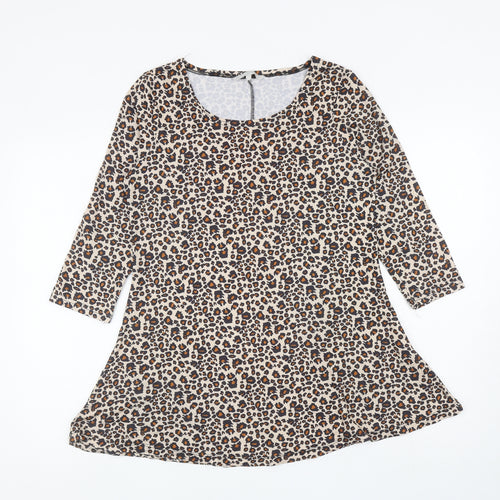 Pebble Bay Womens Brown Animal Print Polyester Tunic T-Shirt Size 10 Scoop Neck - Leopard Print
