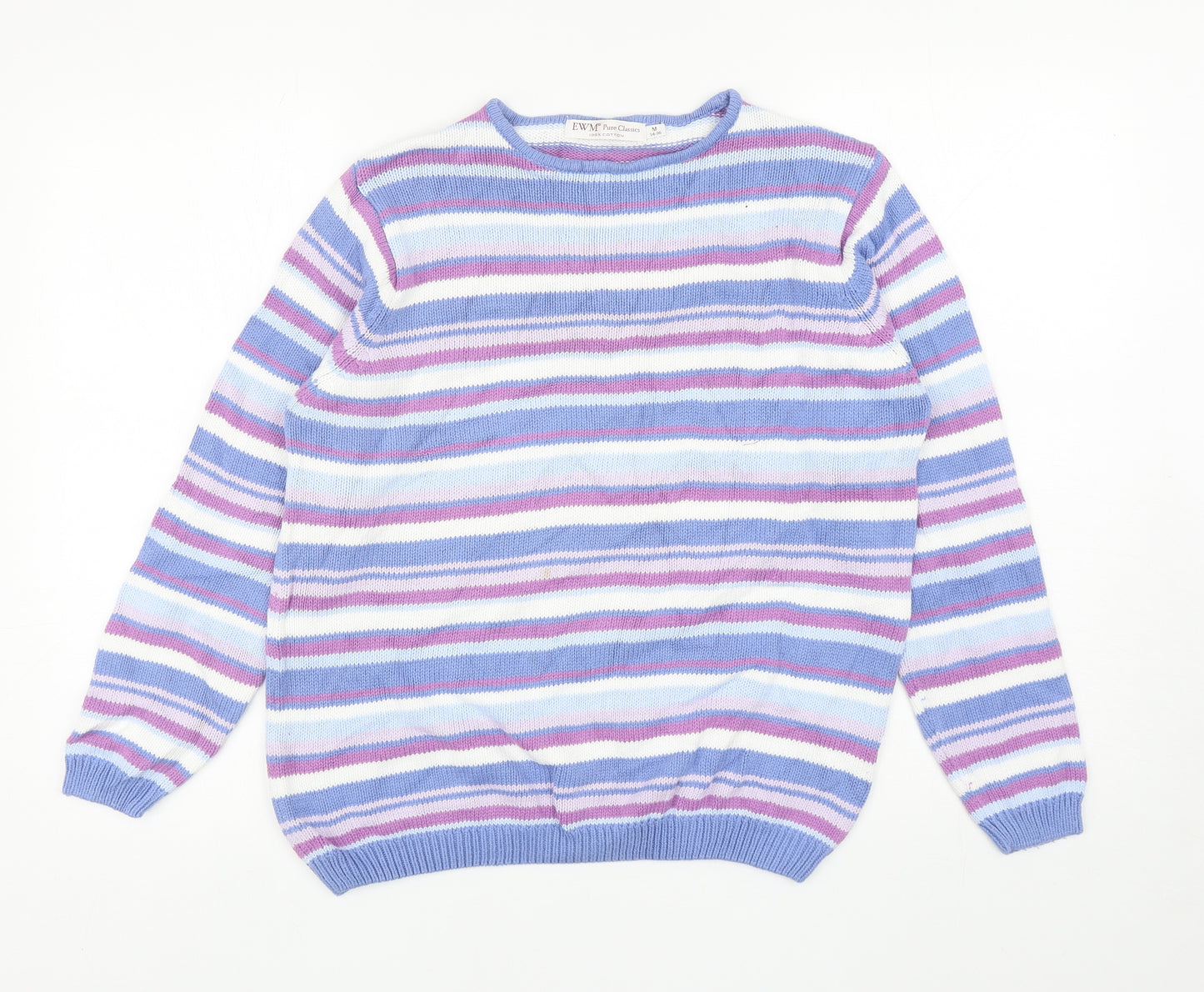 EWM Womens Multicoloured Round Neck Striped Cotton Pullover Jumper Size M