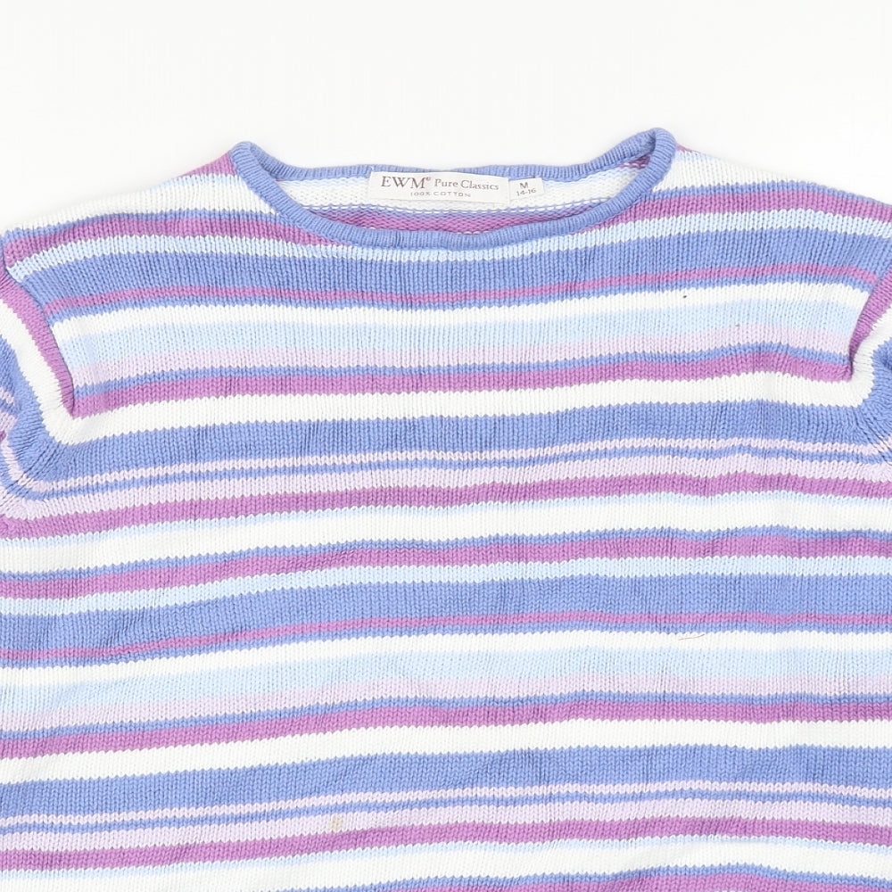 EWM Womens Multicoloured Round Neck Striped Cotton Pullover Jumper Size M