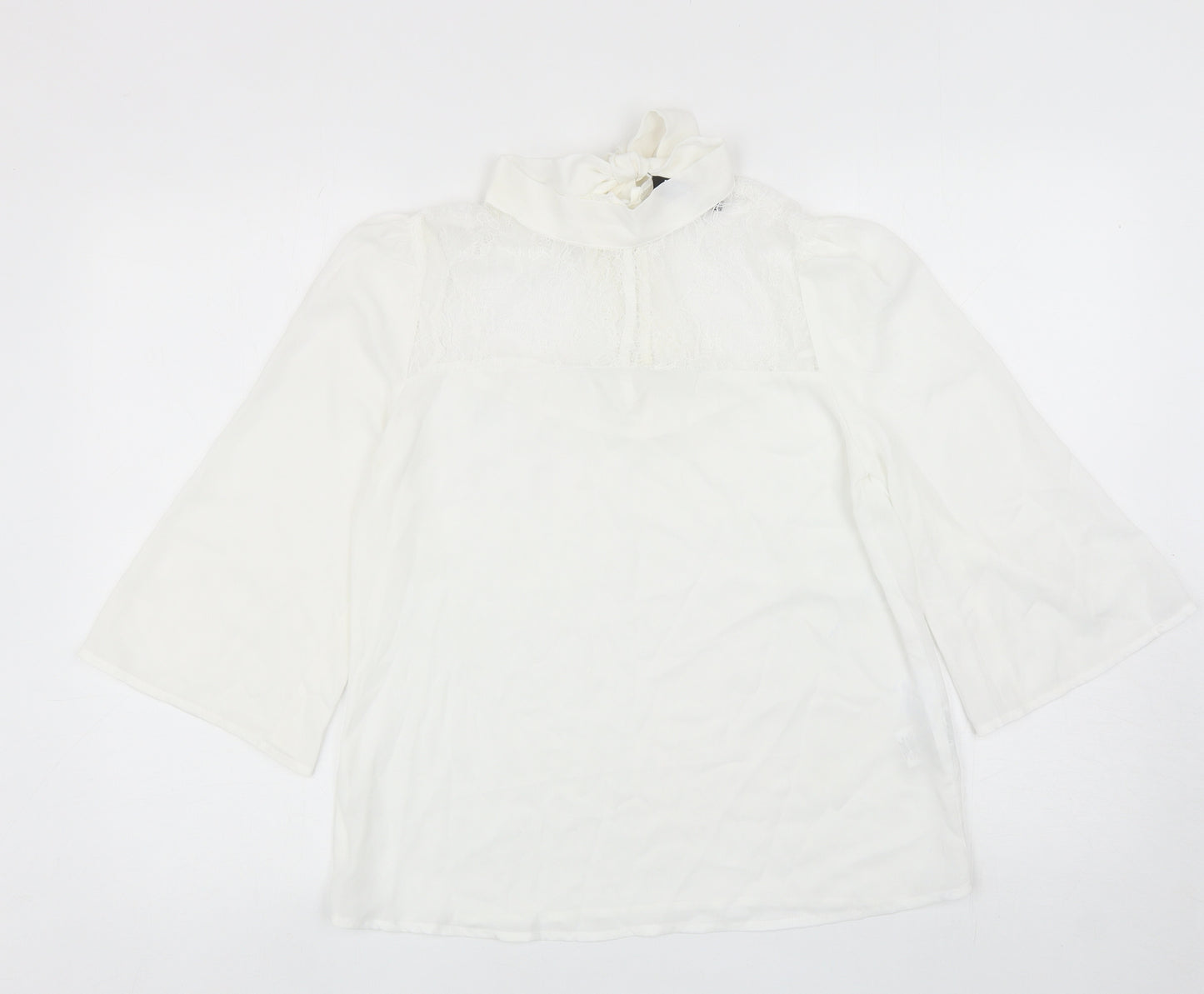 Fashion Union Womens White Polyester Basic Blouse Size 10 Mock Neck - Lace Detail, Tie