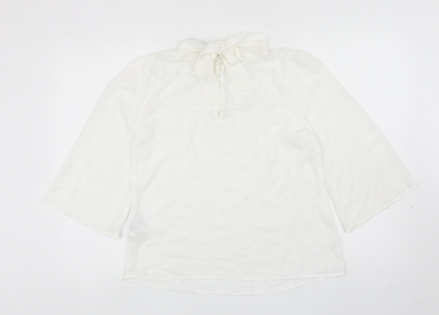 Fashion Union Womens White Polyester Basic Blouse Size 10 Mock Neck - Lace Detail, Tie